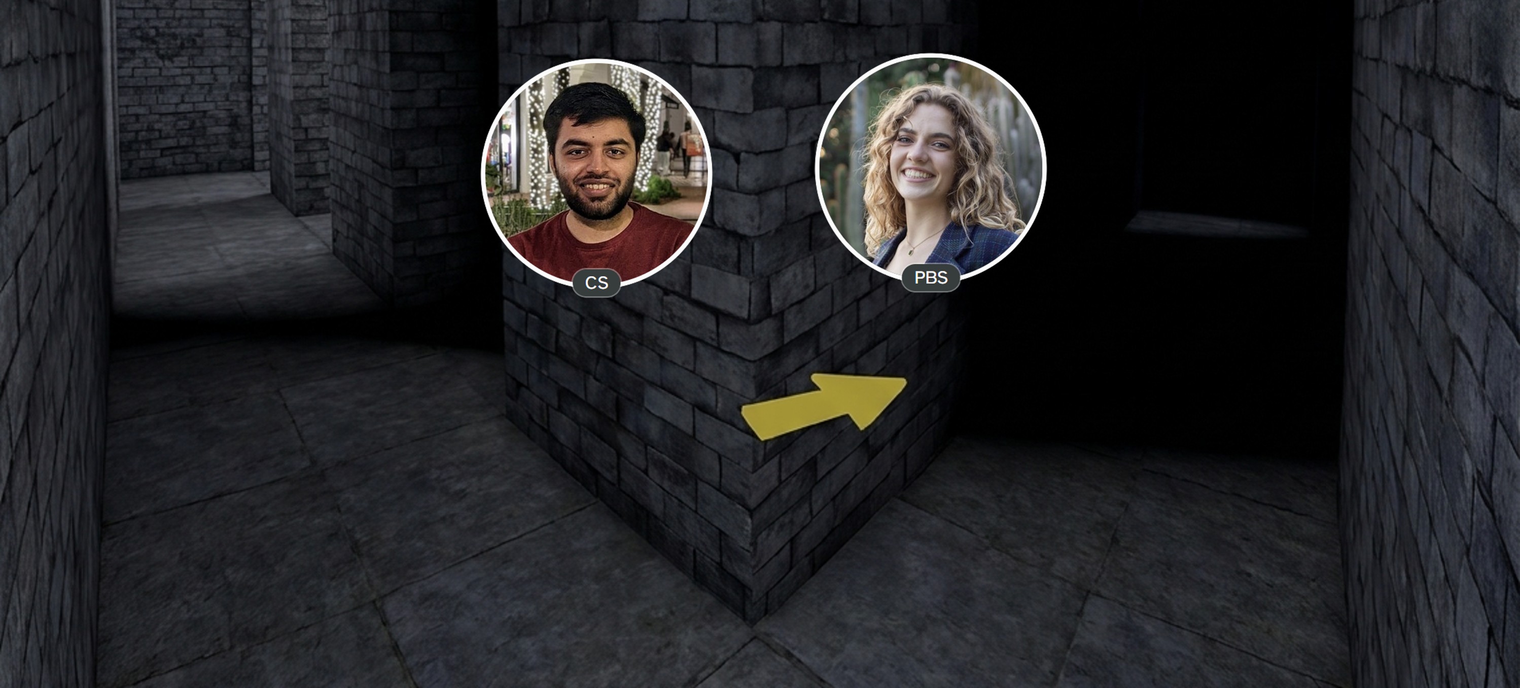 Varshney and Turkstra headshots overlaid on a screenshot of the VR immersive maze
